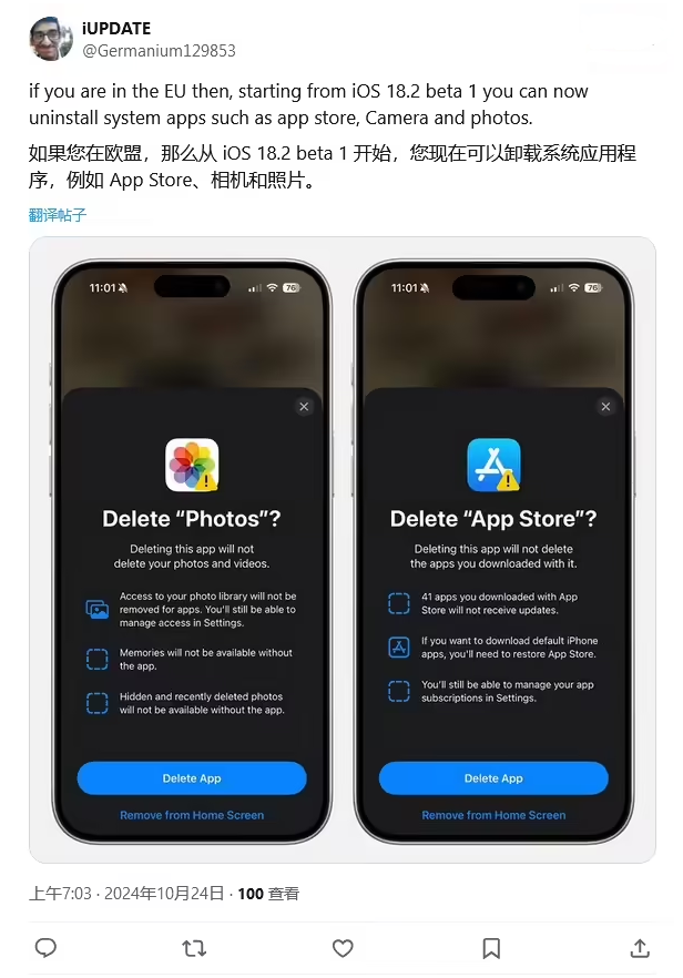 随县苹果手机维修分享iOS 18.2 支持删除 App Store 应用商店 