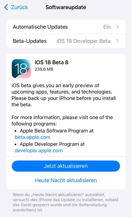 随县苹果手机维修分享苹果 iOS / iPadOS 18 开发者预览版 Beta 8 发布 